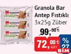 ZÜBER GRANOLA BAR ANTEP FISTIKLI 3X25 G fiyat ve kampanya bilgisi